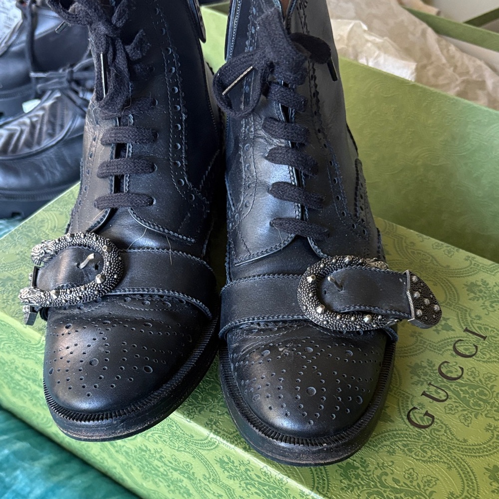 Gucci Black Lace-Up Leather Boots with Embellished Buckle